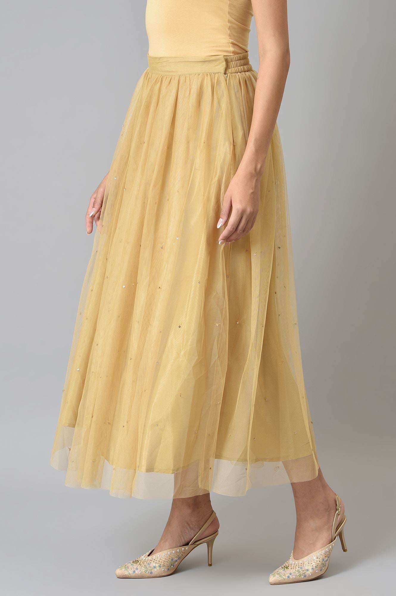 W for Woman Gold Solid Sequined Flared Mesh Skirt | Grocsy