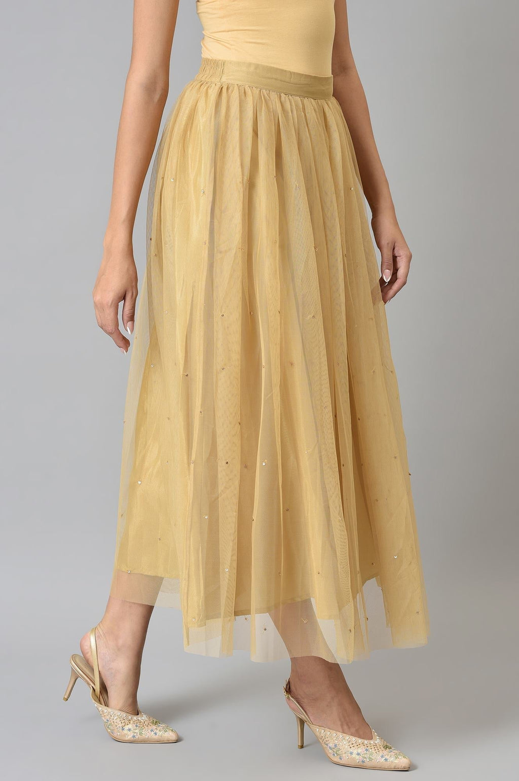 W for Woman Gold Sequins Mesh Skirt | Grocsy