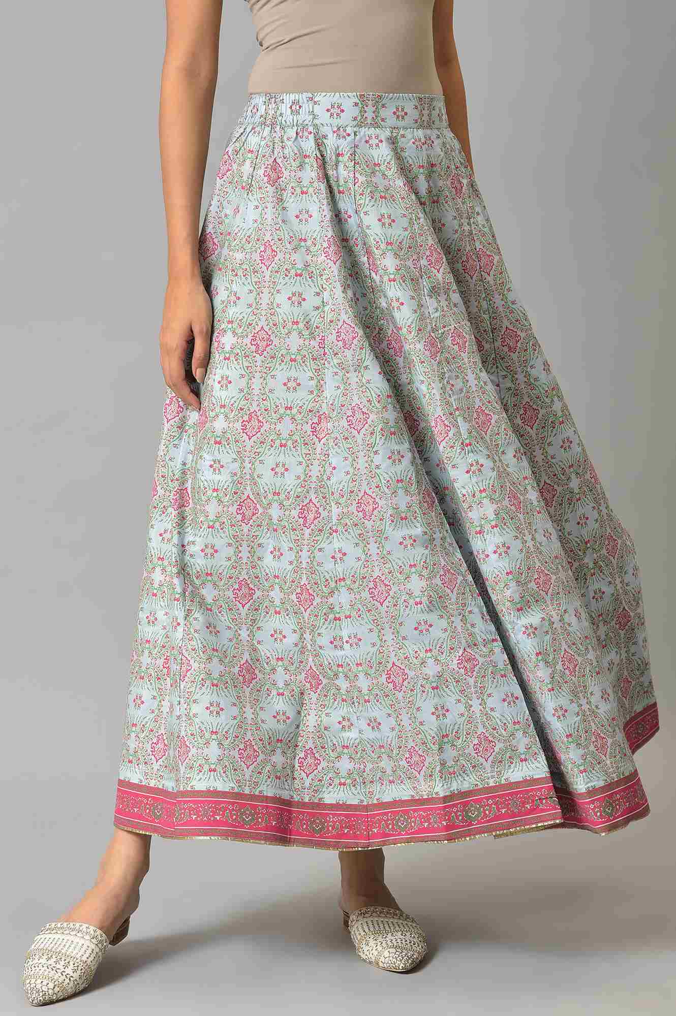 W for Woman Blue And Multicoloured Floral Skirt | Grocsy