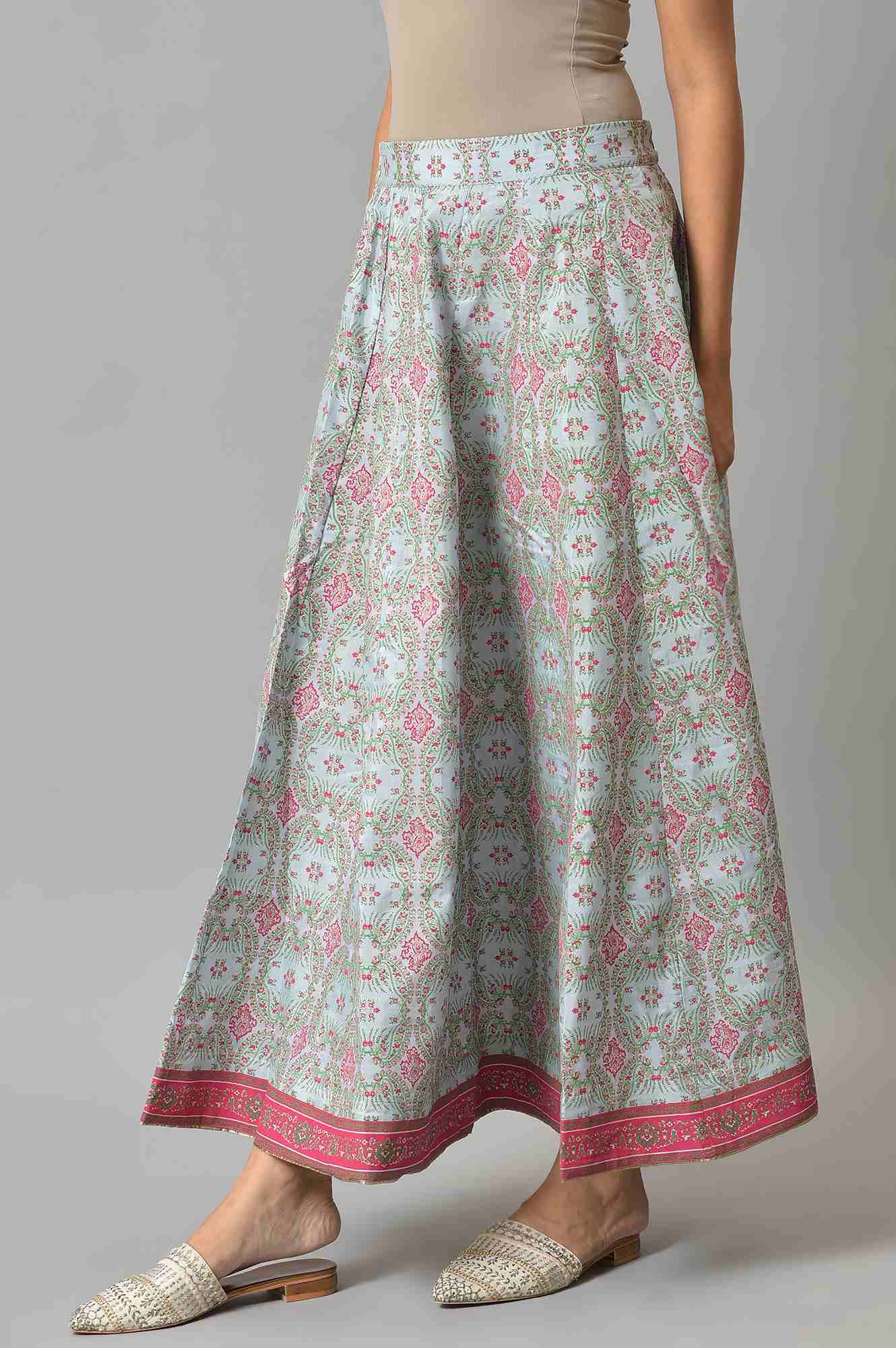 W for Woman Blue And Multicoloured Floral Skirt | Grocsy