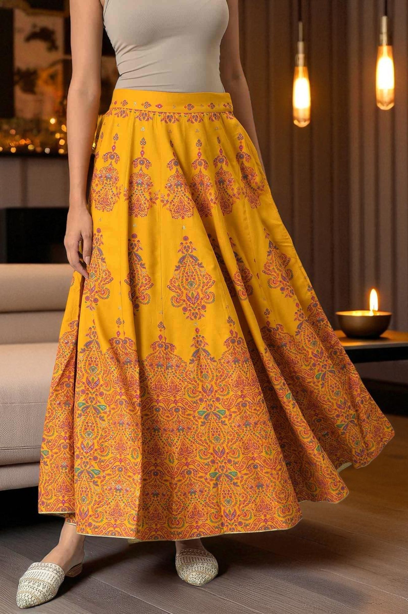 W for Woman Mustard Flared Skirt With Multicoloured Floral Print | Grocsy