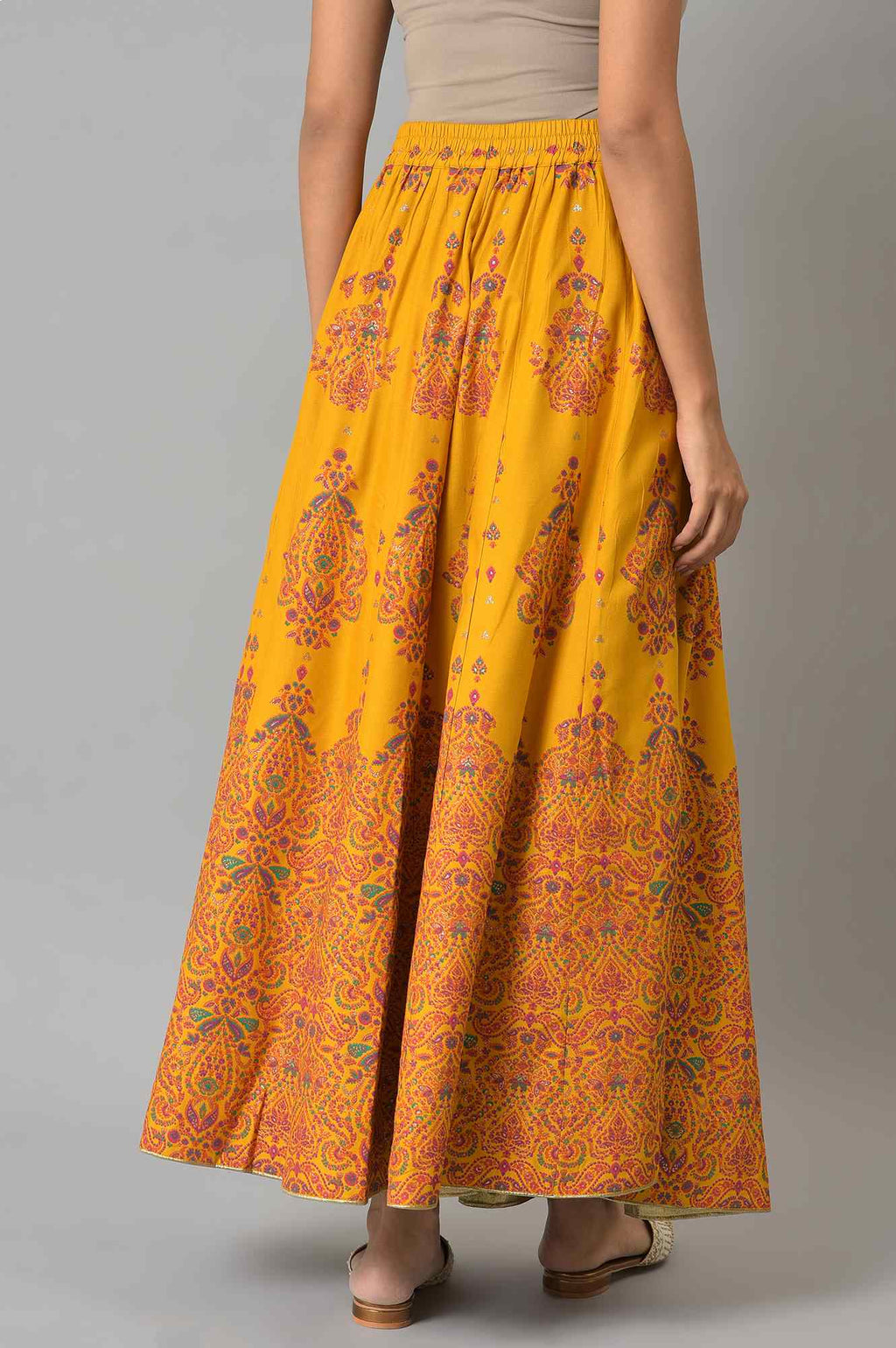 W for Woman Mustard Flared Skirt With Multicoloured Floral Print | Grocsy