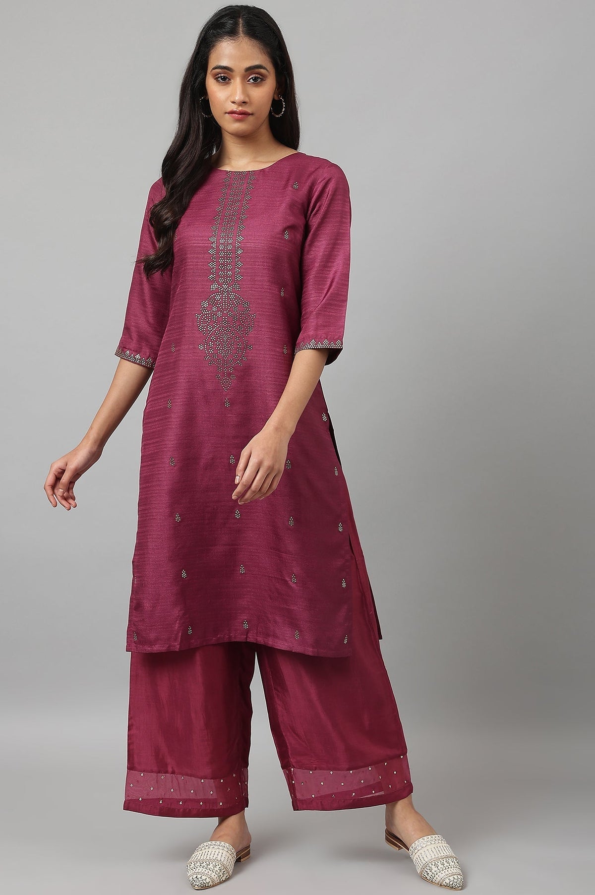 W for Woman Purple Shantung Straight Parallel Pants | Grocsy