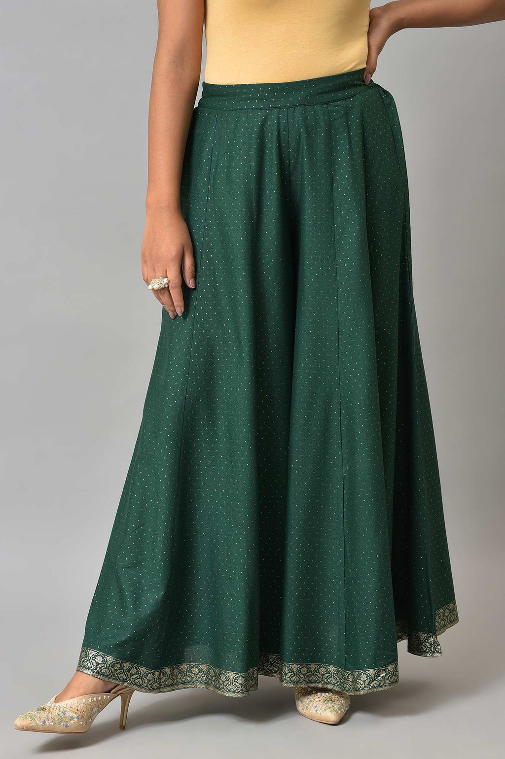 W for Woman Leaf Green Glitter Printed Culottes | Grocsy