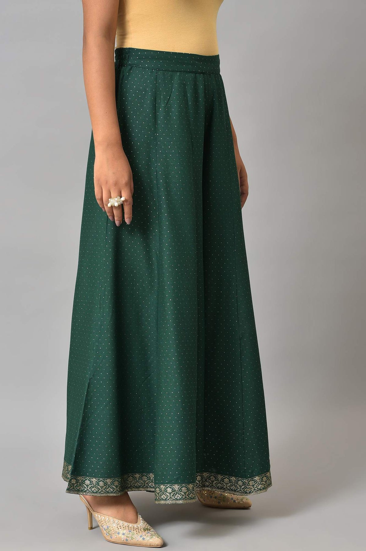 W for Woman Leaf Green Glitter Printed Culottes | Grocsy