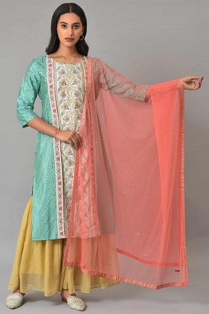 W for Woman Orange Mesh Women Dupatta With Sequins | Grocsy
