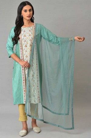 W for Woman Aqua Blue Mesh Dupatta With Sequins | Grocsy