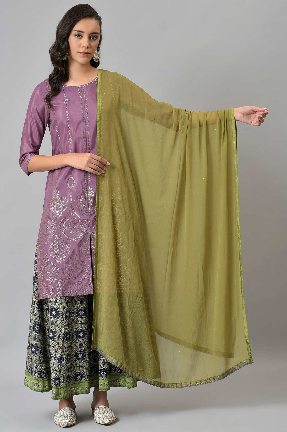 W for Woman Olive Green Crinckled Chiffon Dupatta With Mukaish | Grocsy