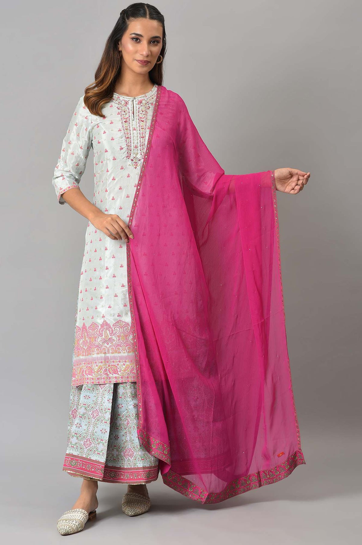 W for Woman Dark Pink Crinckled Chiffon Dupatta With Mukaish | Grocsy