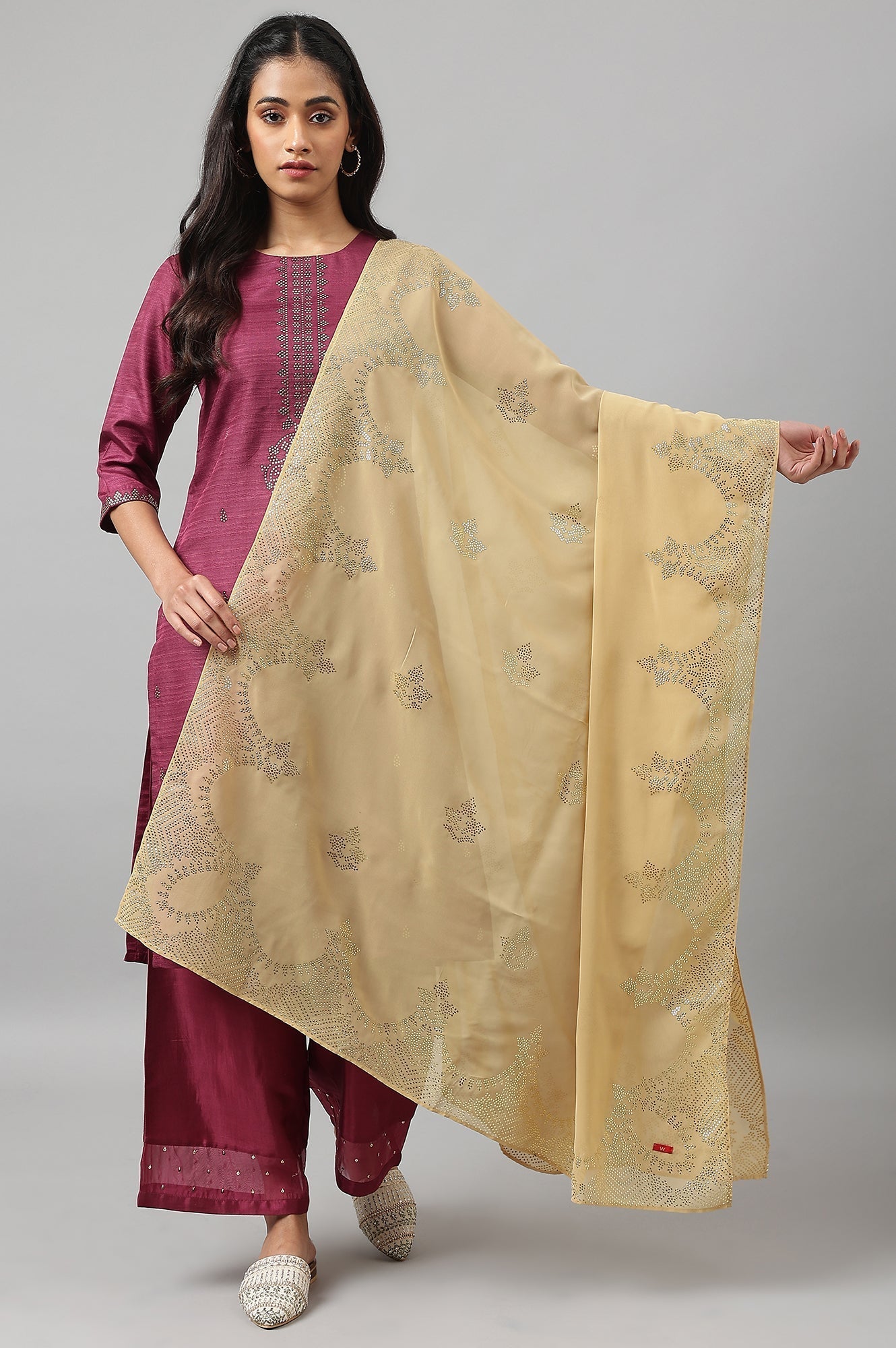 W for Woman Golden Grainy Georgette Mukaish Dupatta | Grocsy