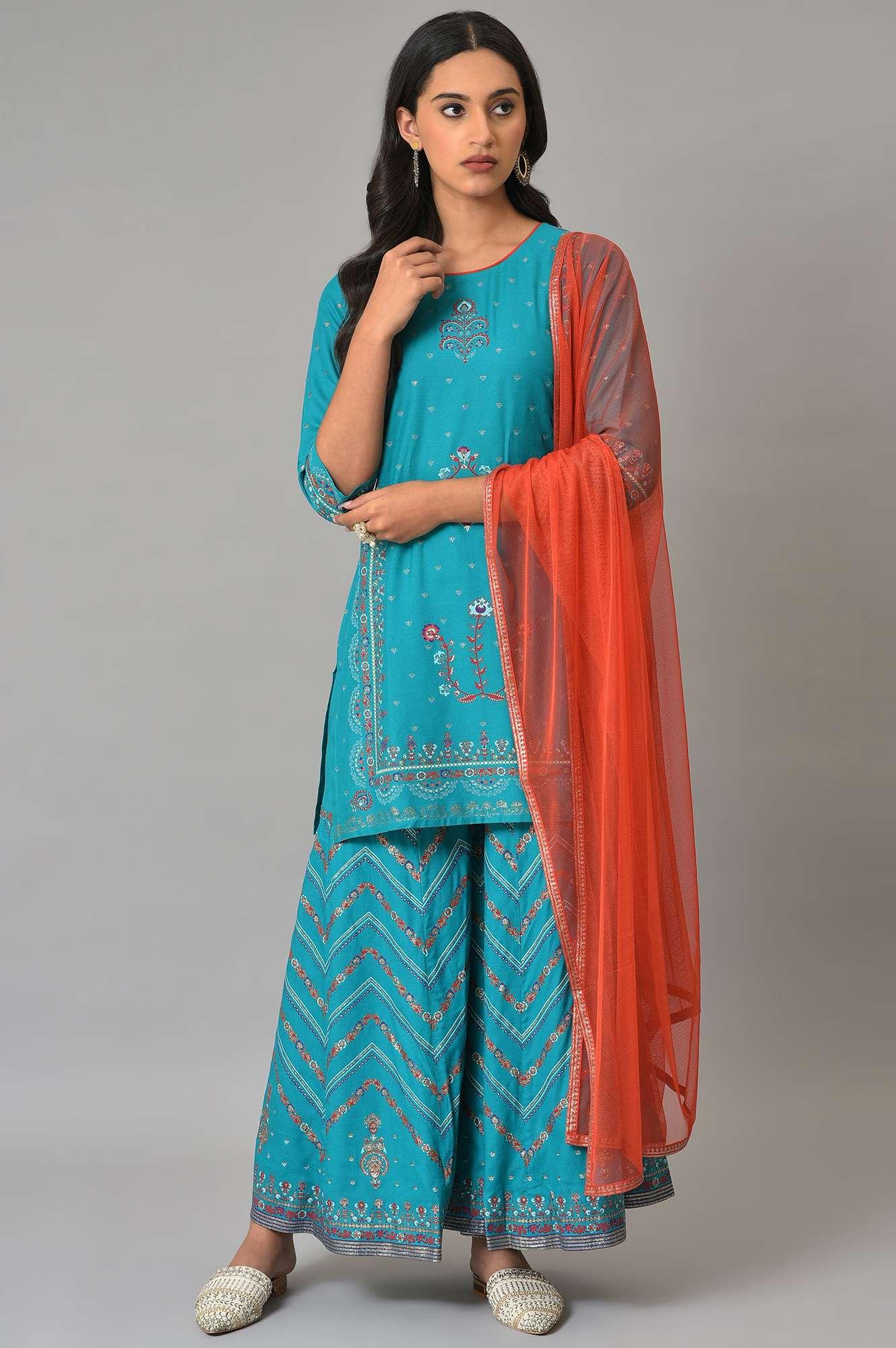 W for Woman Teal Blue Festive kurta With Sharara And Orange Mesh Dupatta | Grocsy