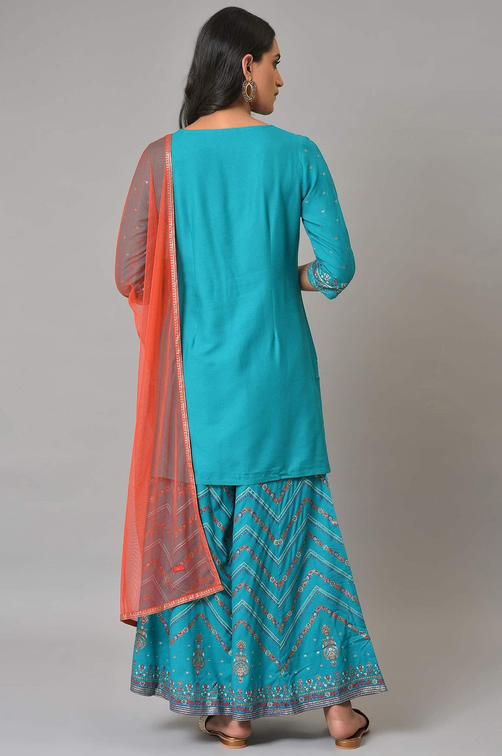 W for Woman Teal Blue Festive kurta With Sharara And Orange Mesh Dupatta | Grocsy