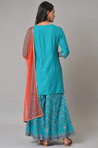 W for Woman Teal Blue Festive kurta With Sharara And Orange Mesh Dupatta | Grocsy