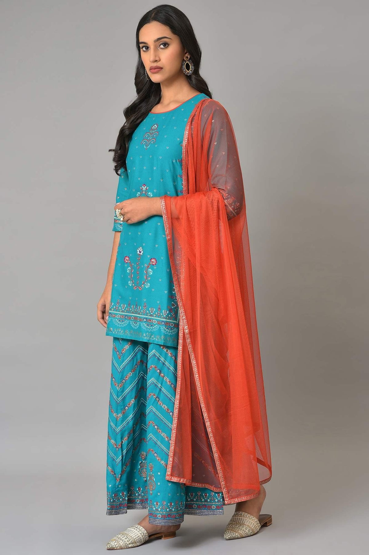 W for Woman Teal Blue Festive kurta With Sharara And Orange Mesh Dupatta | Grocsy