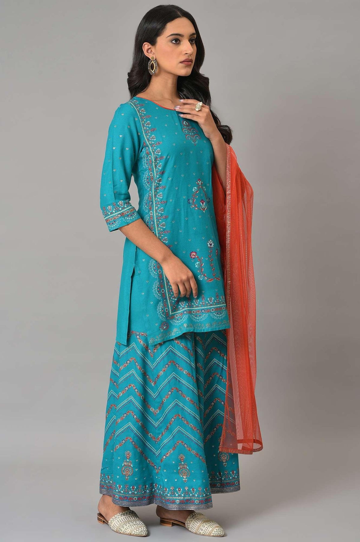 W for Woman Teal Blue Festive kurta With Sharara And Orange Mesh Dupatta | Grocsy