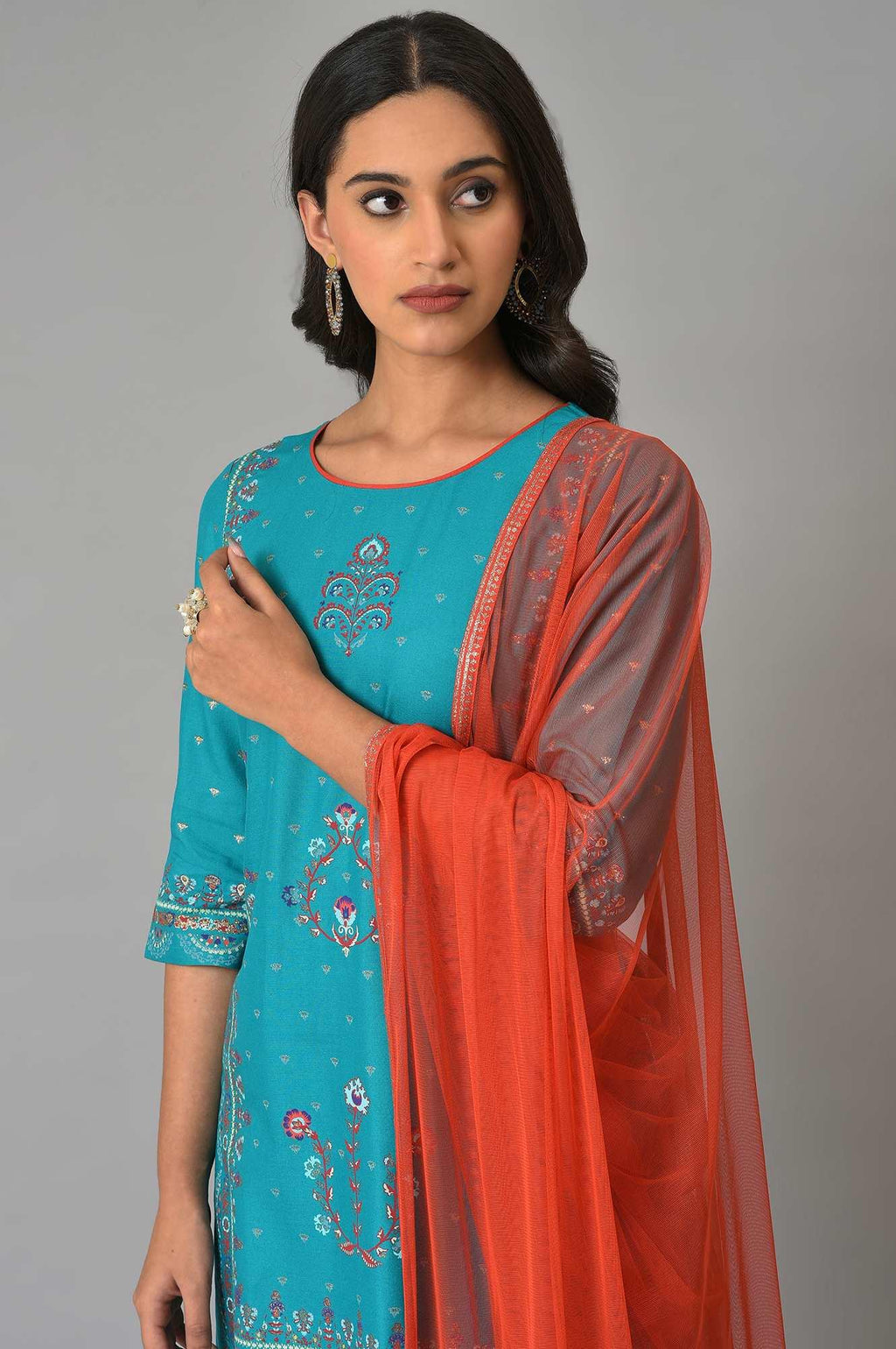 W for Woman Teal Blue Festive kurta With Sharara And Orange Mesh Dupatta | Grocsy