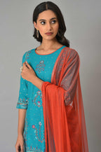 W for Woman Teal Blue Festive kurta With Sharara And Orange Mesh Dupatta | Grocsy