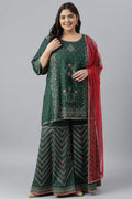W for Woman Plus Size Dark Green Glitter Floral Printed kurta With Sharara Pants And Pink Dupatta | Grocsy