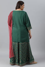 W for Woman Plus Size Dark Green Glitter Floral Printed kurta With Sharara Pants And Pink Dupatta | Grocsy