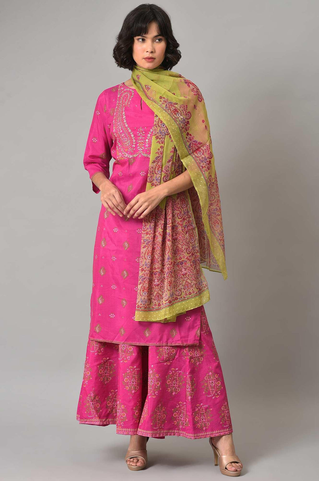 W for Woman Pink Glitter Printed Kurta, Culottes and Green Dupatta Set | Grocsy