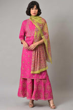W for Woman Pink Glitter Printed Kurta, Culottes and Green Dupatta Set | Grocsy