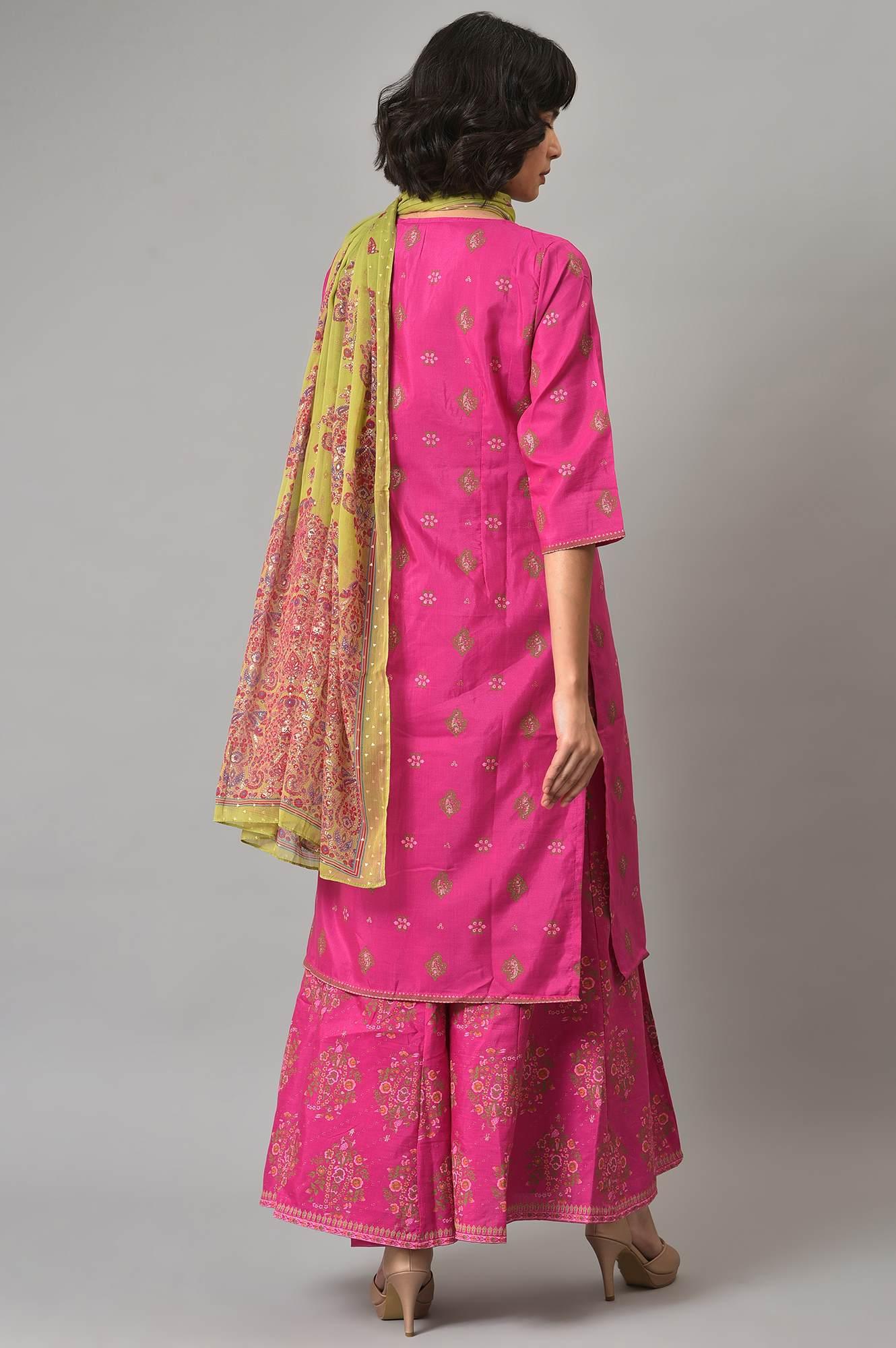 W for Woman Pink Glitter Printed Kurta, Culottes and Green Dupatta Set | Grocsy