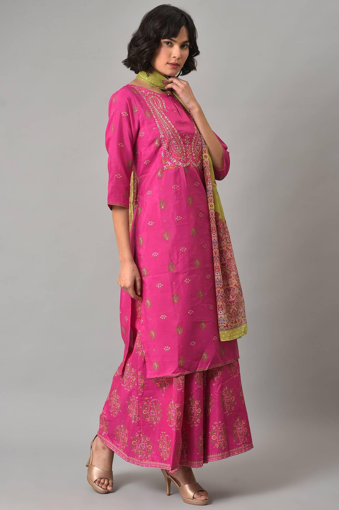 W for Woman Pink Glitter Printed Kurta, Culottes and Green Dupatta Set | Grocsy