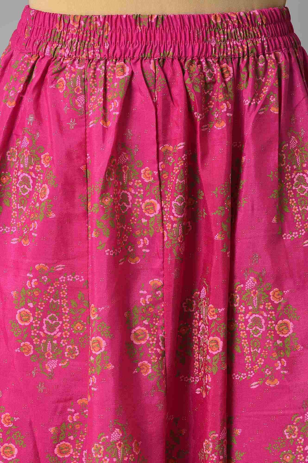 W for Woman Pink Glitter Printed Kurta, Culottes and Green Dupatta Set | Grocsy