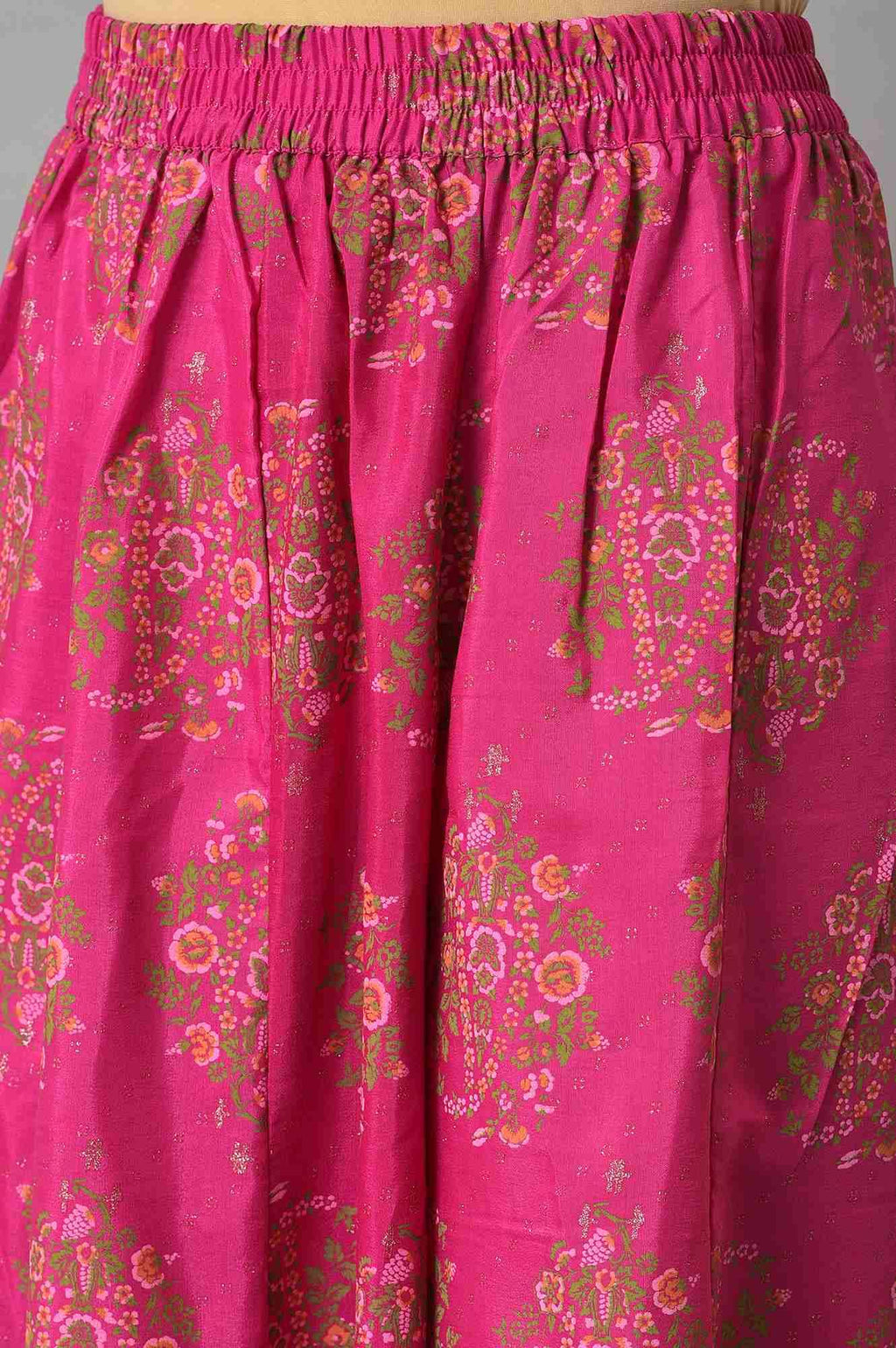 W for Woman Pink Glitter Printed Kurta, Culottes and Green Dupatta Set | Grocsy