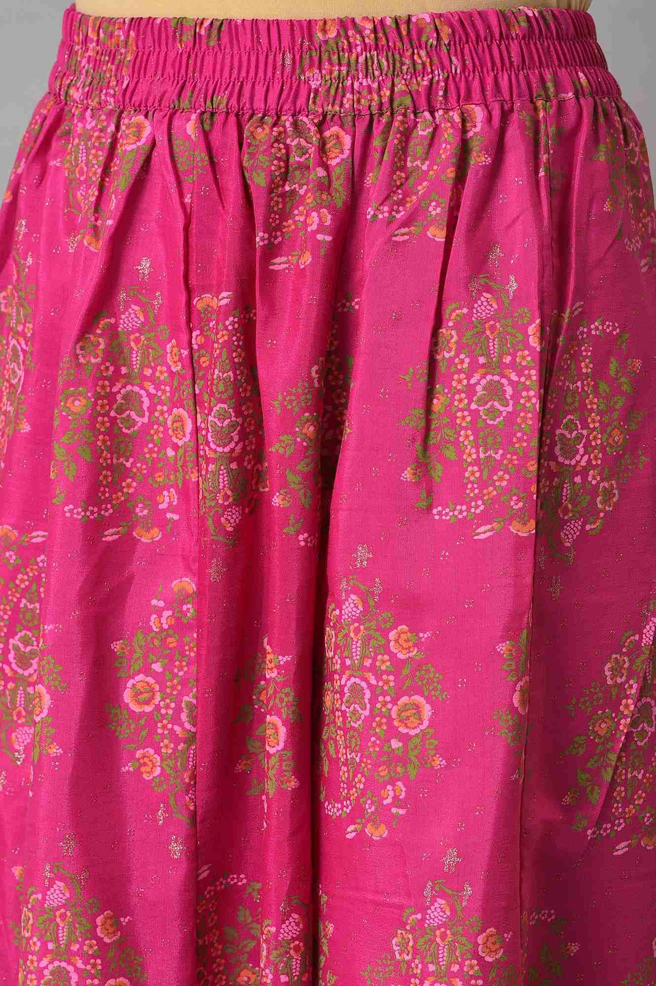 W for Woman Pink Glitter Printed Kurta, Culottes and Green Dupatta Set | Grocsy