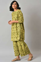 W for Woman Green Ikkat Printed Tunic with Parallel Pants Co-ord Set | Grocsy
