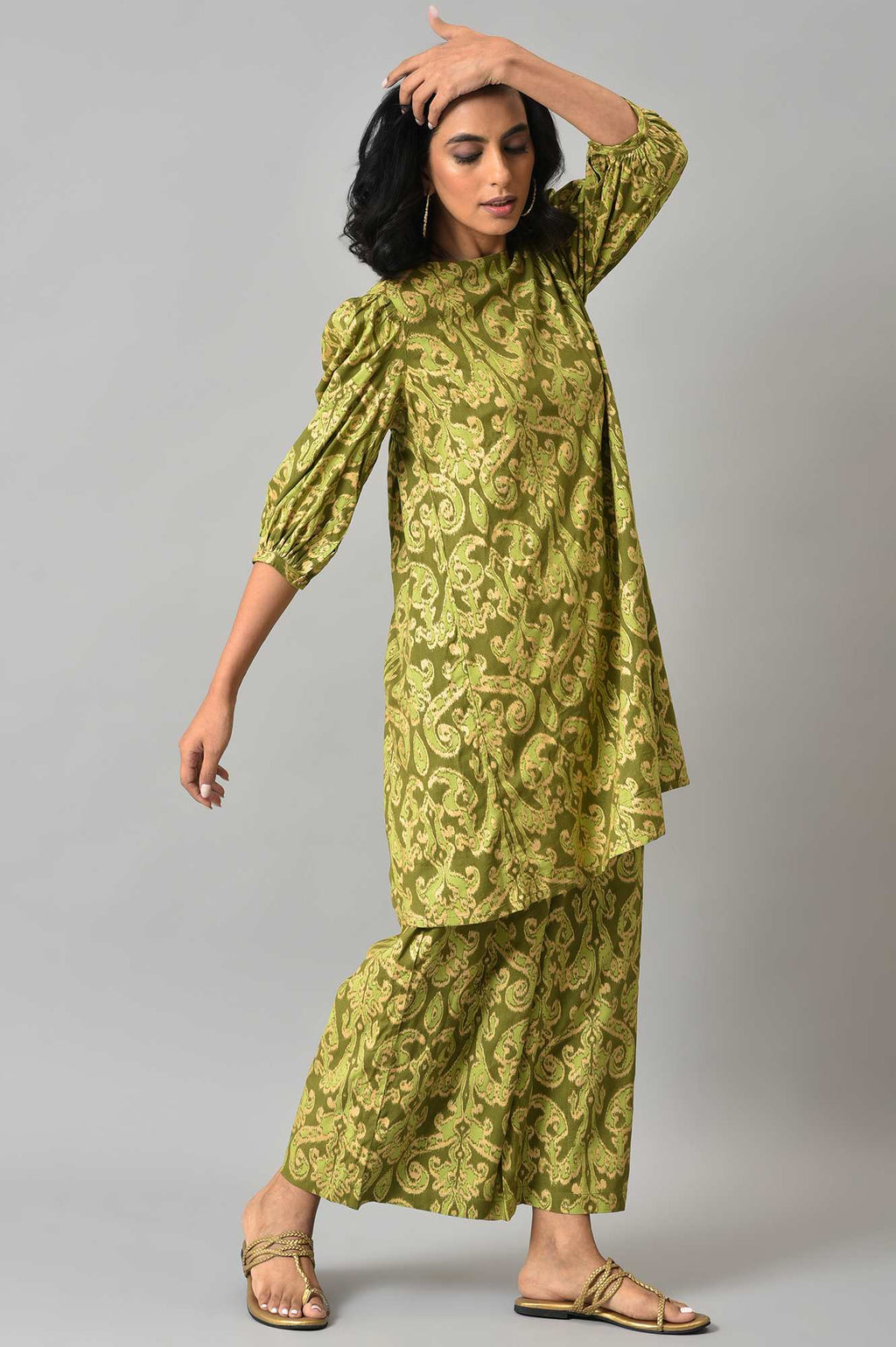 W for Woman Green Ikkat Printed Tunic with Parallel Pants Co-ord Set | Grocsy