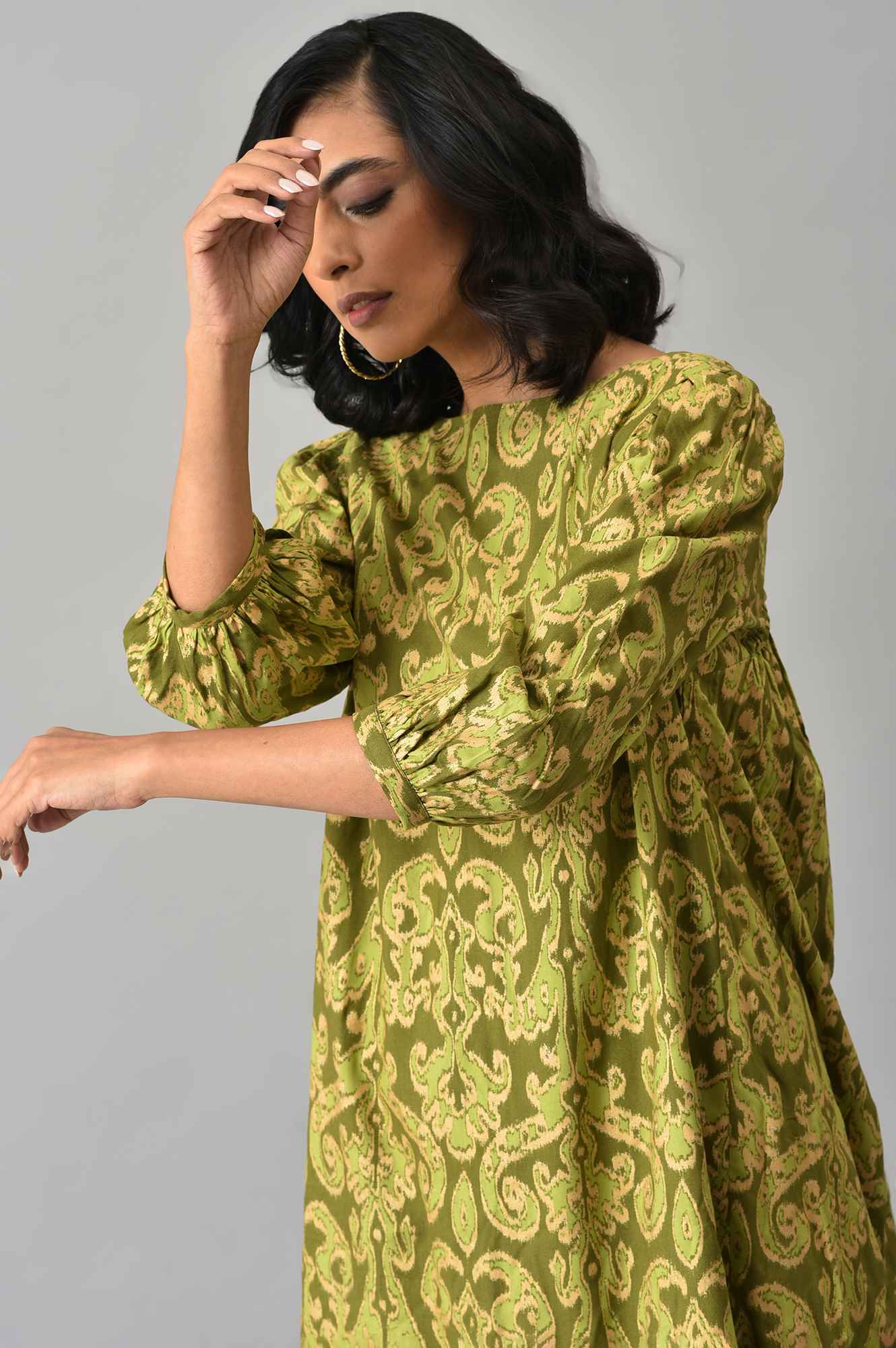 W for Woman Green Ikkat Printed Tunic with Parallel Pants Co-ord Set | Grocsy