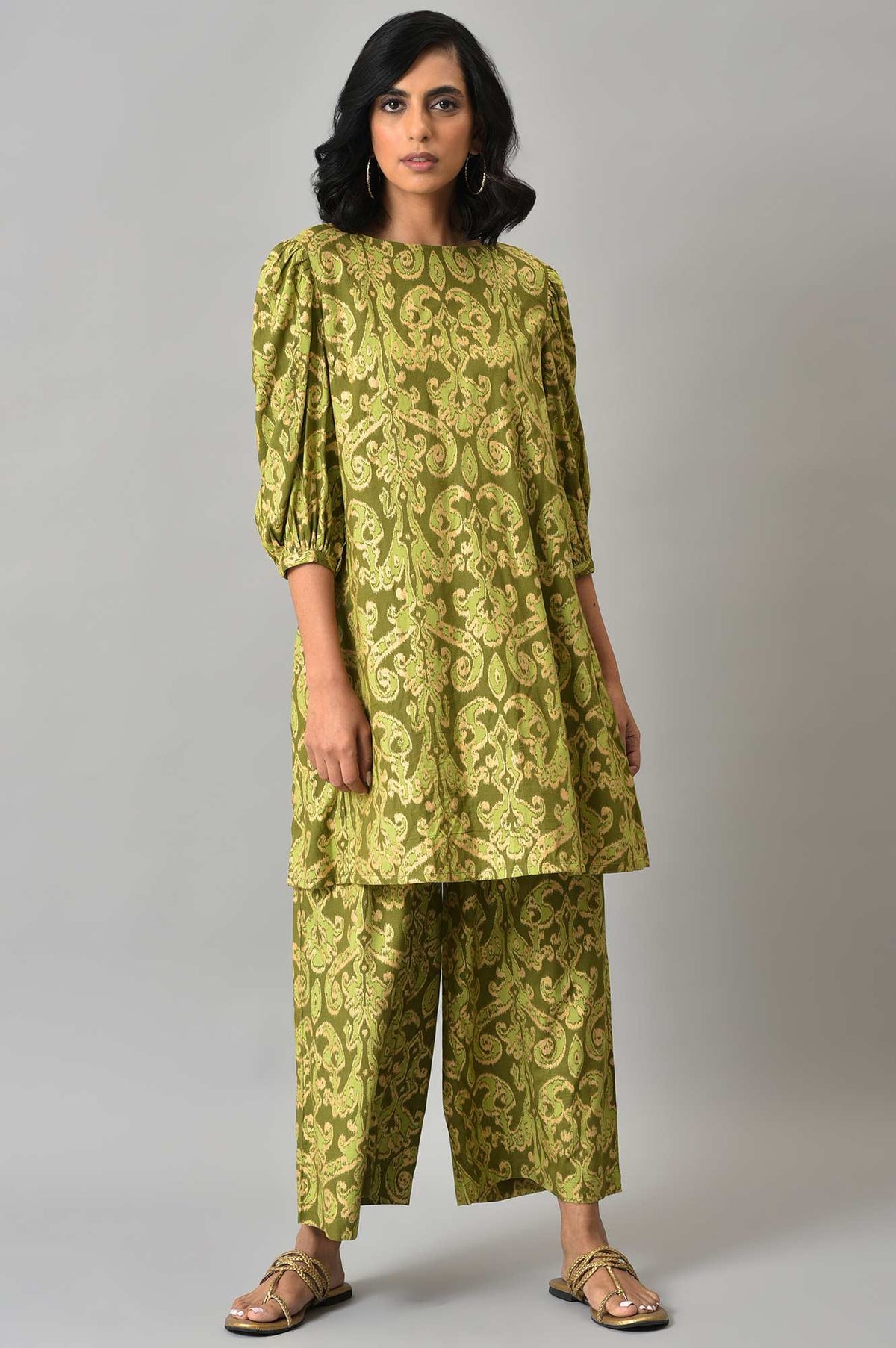W for Woman Green Ikkat Printed Tunic with Parallel Pants Co-ord Set | Grocsy