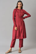 W for Woman Dark Red Zari TopStitched Placket kurta with Straight Pants Co-ord Set | Grocsy