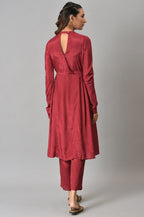 W for Woman Dark Red Zari TopStitched Placket kurta with Straight Pants Co-ord Set | Grocsy