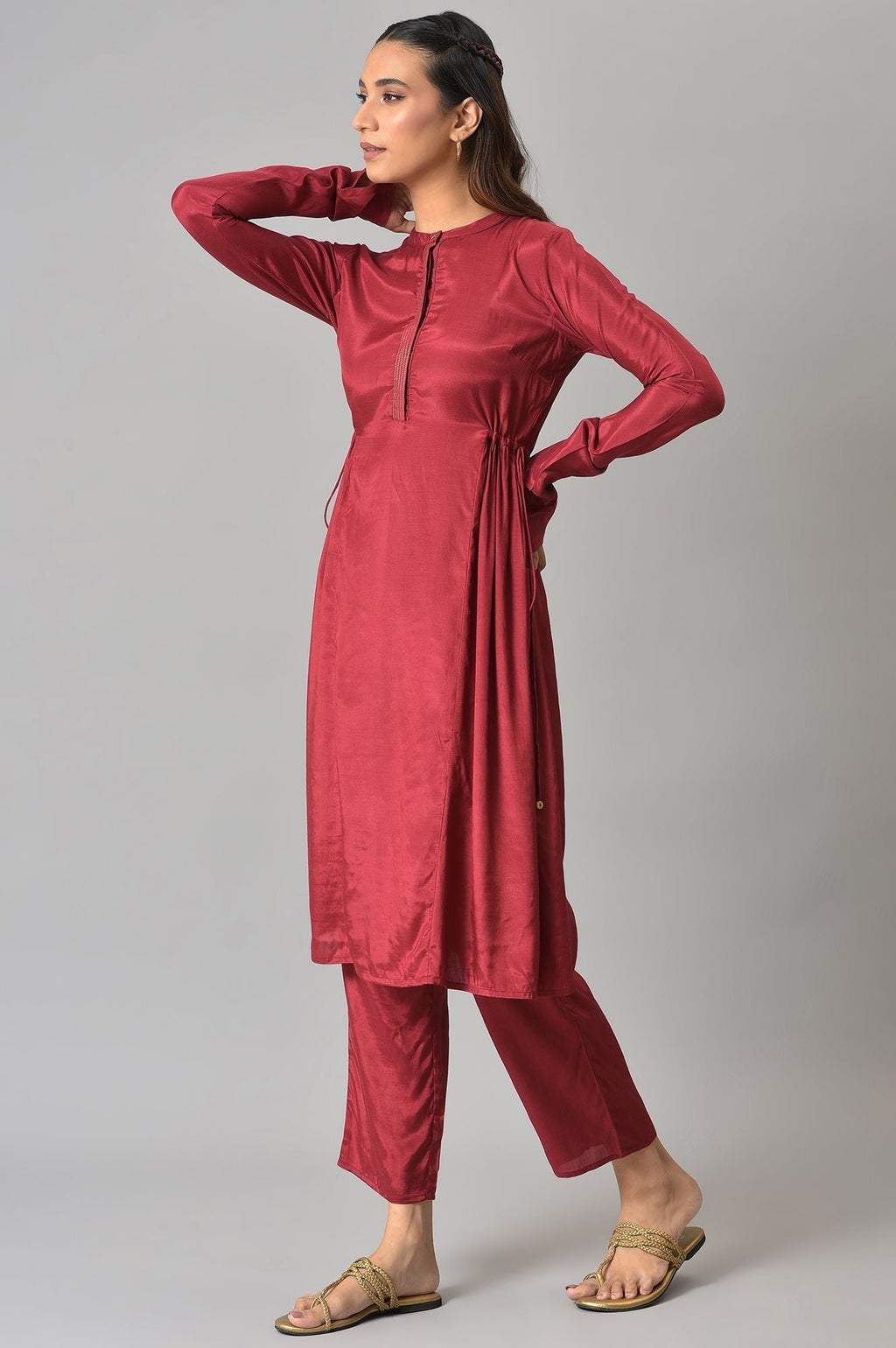 W for Woman Dark Red Zari TopStitched Placket kurta with Straight Pants Co-ord Set | Grocsy