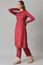 W for Woman Dark Red Zari TopStitched Placket kurta with Straight Pants Co-ord Set | Grocsy