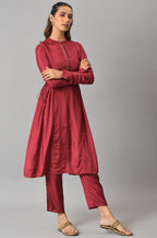 W for Woman Dark Red Zari TopStitched Placket kurta with Straight Pants Co-ord Set | Grocsy