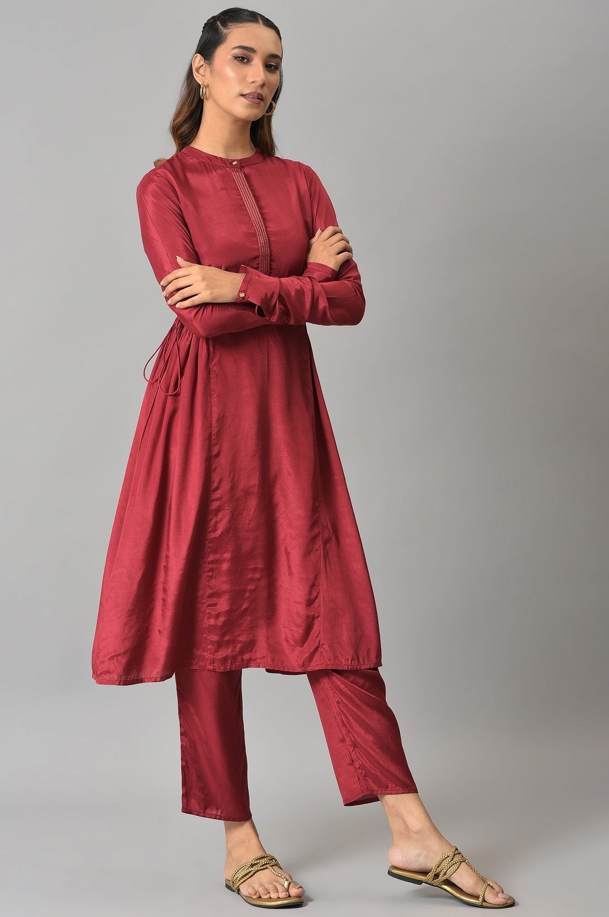 W for Woman Dark Red Zari TopStitched Placket kurta with Straight Pants Co-ord Set | Grocsy