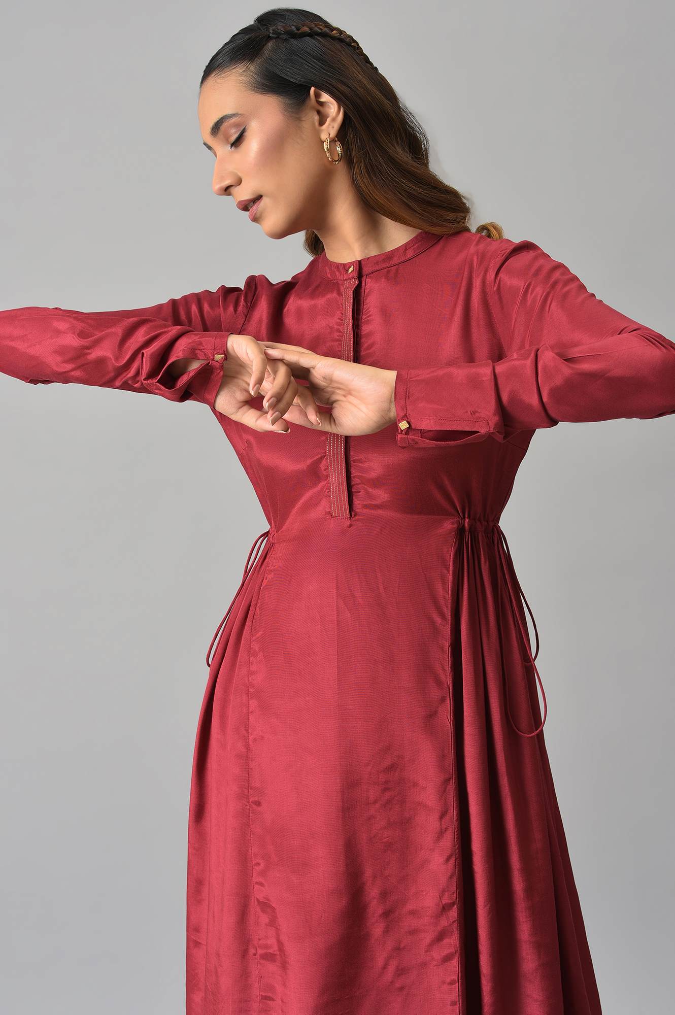 W for Woman Dark Red Zari TopStitched Placket kurta with Straight Pants Co-ord Set | Grocsy