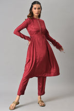 W for Woman Dark Red Zari TopStitched Placket kurta with Straight Pants Co-ord Set | Grocsy