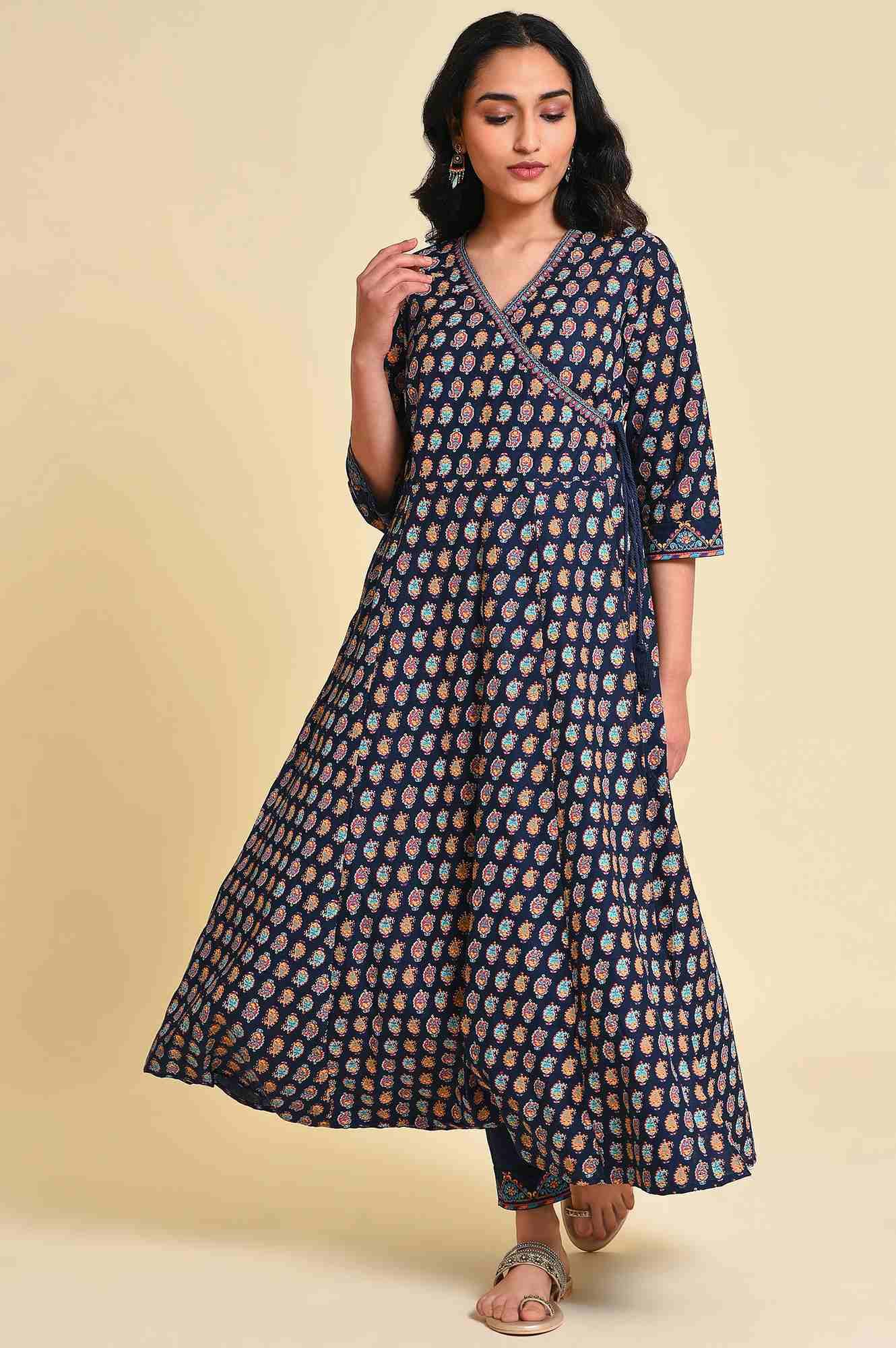 W for Woman Navy Blue Multicolor Printed Angrakha kurta Set | Grocsy