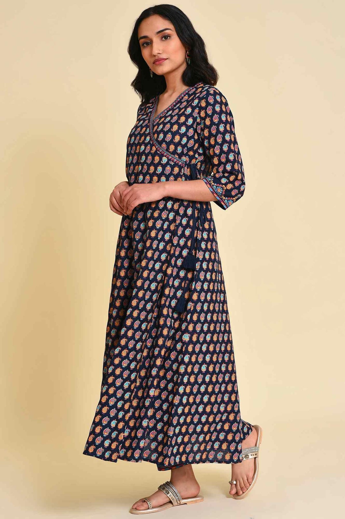 W for Woman Navy Blue Multicolor Printed Angrakha kurta Set | Grocsy