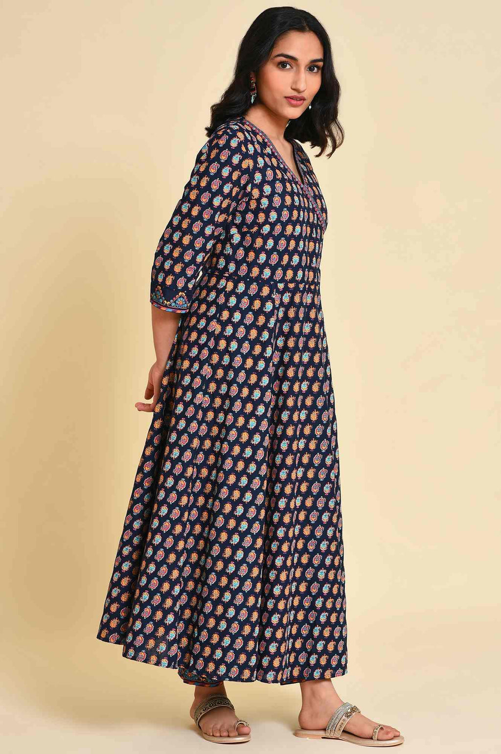 W for Woman Navy Blue Multicolor Printed Angrakha kurta Set | Grocsy