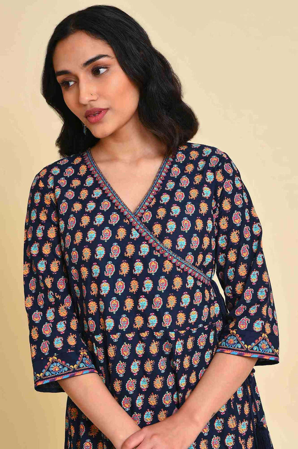 W for Woman Navy Blue Multicolor Printed Angrakha kurta Set | Grocsy