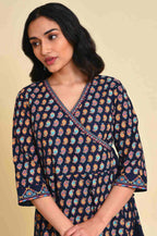 W for Woman Navy Blue Multicolor Printed Angrakha kurta Set | Grocsy