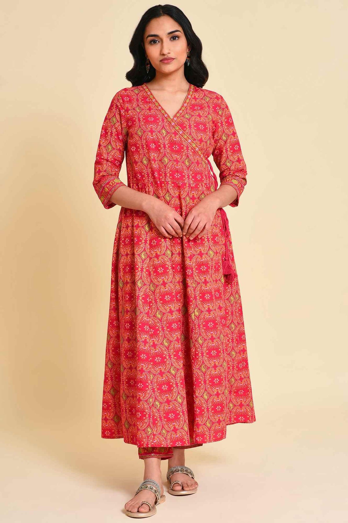 W for Woman Pink Multicolor Printed Angrakha kurta Set | Grocsy