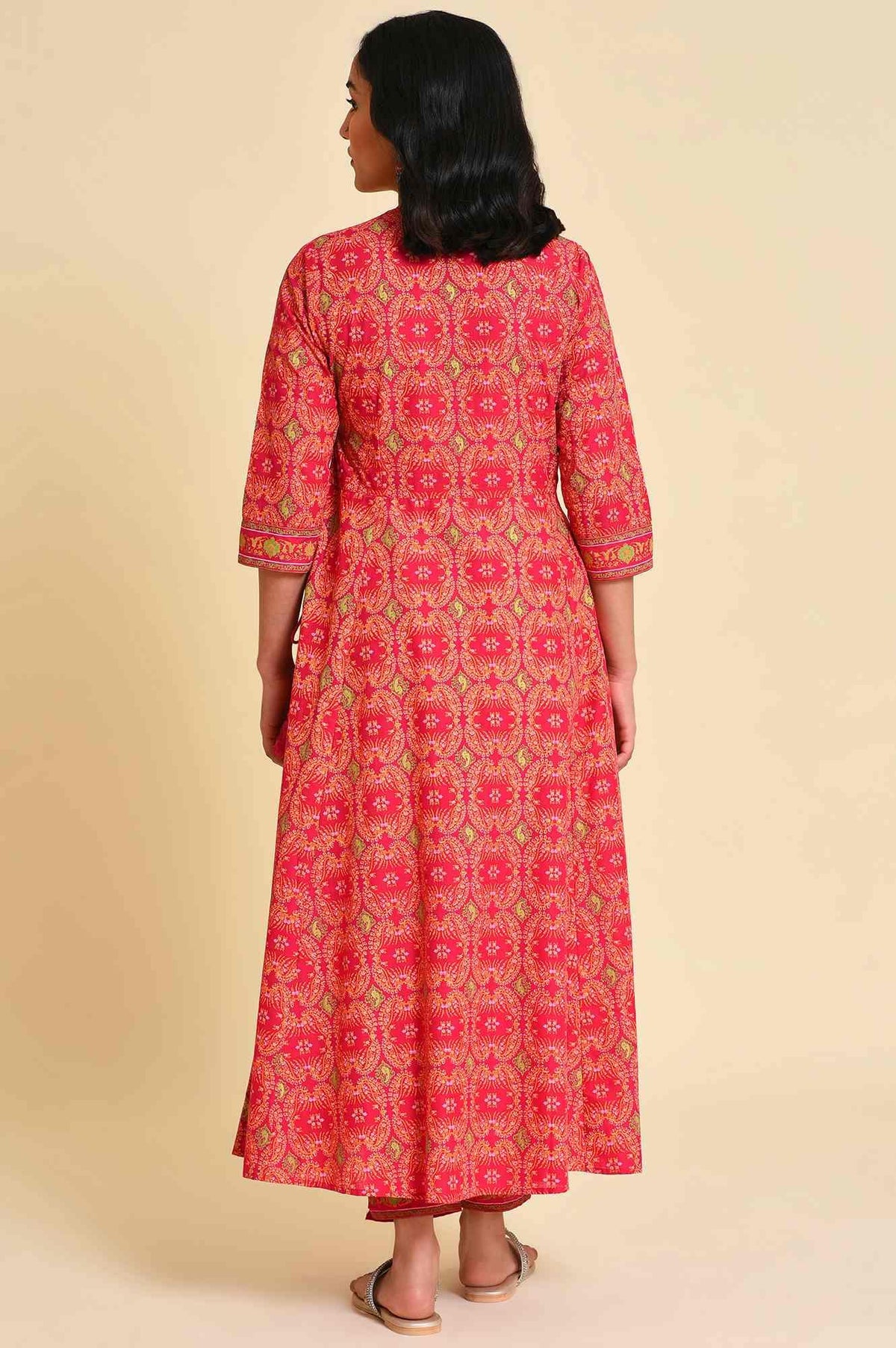 W for Woman Pink Multicolor Printed Angrakha kurta Set | Grocsy