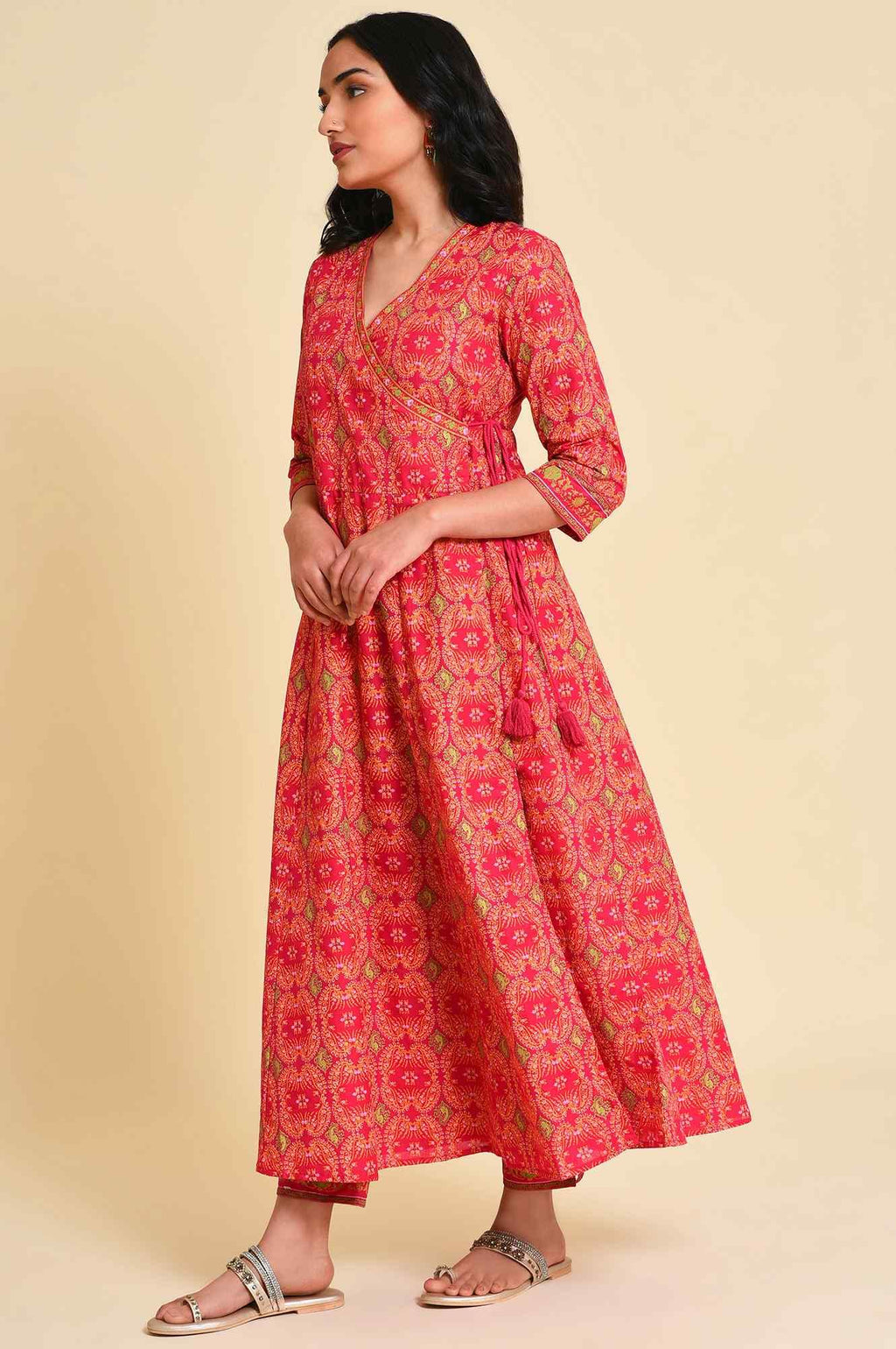 W for Woman Pink Multicolor Printed Angrakha kurta Set | Grocsy